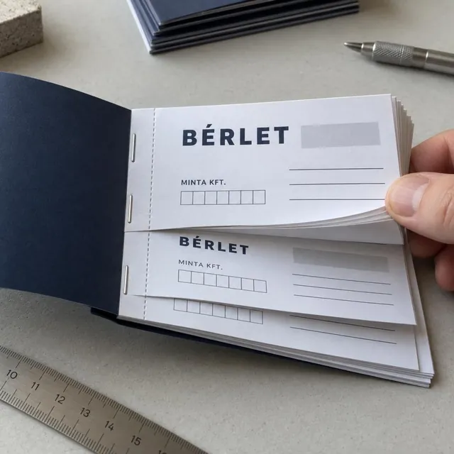 Nyitott bérletfüzet, perforált belső lapokkal